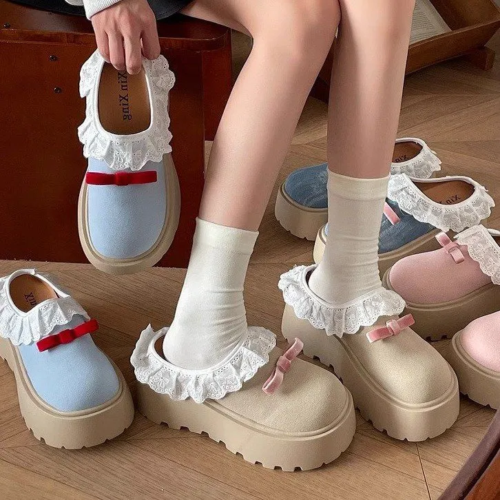 蓝色韩版花边厚底勃肯鞋单鞋女2025外穿增高一脚蹬懒人包头半拖鞋