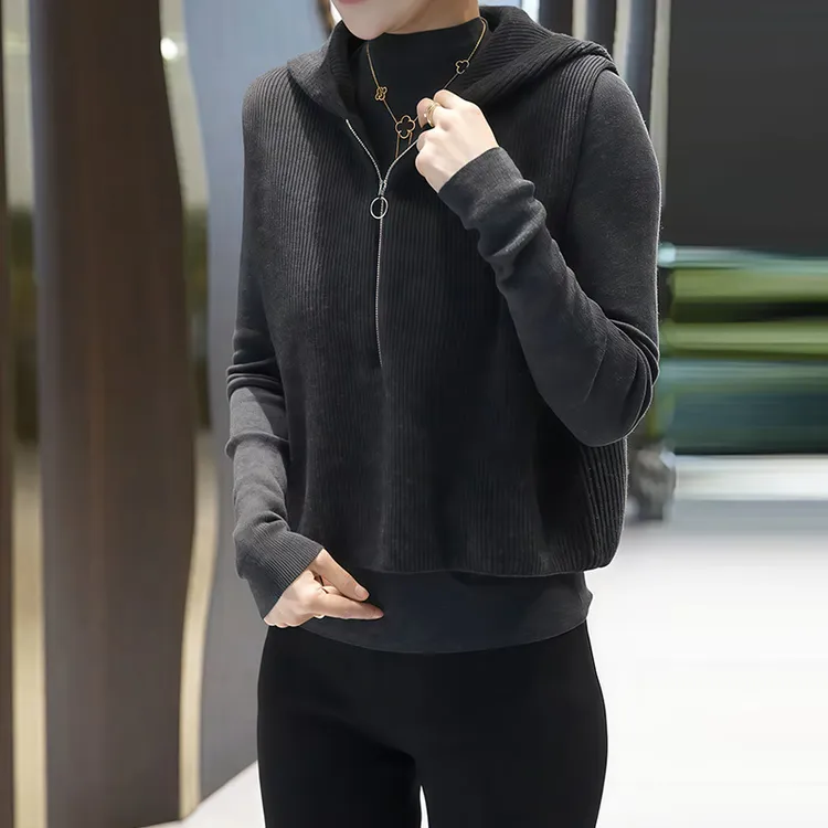 连帽高端马甲针织衫显瘦2025秋季套头舒适纯色慵懒风上衣半拉链女
