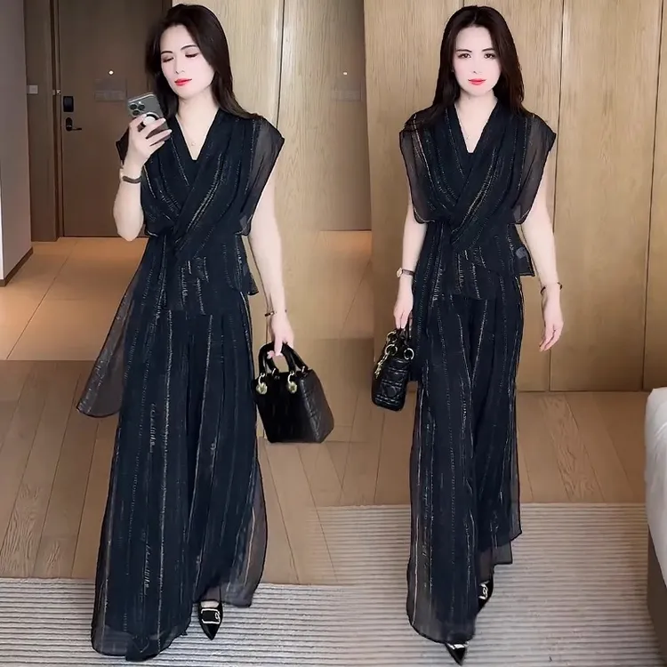 拉夏贝尔时尚雪纺套装2025夏季新款洋气显瘦条纹短袖阔腿裤两件套