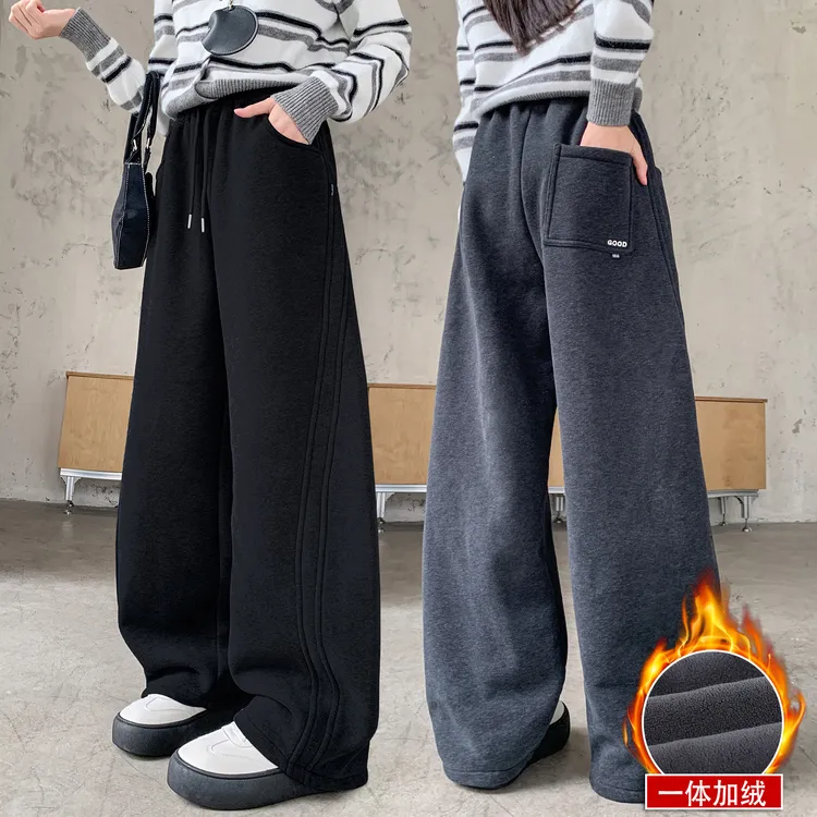 女童加绒裤子冬季2025新款儿童弯刀阔腿裤女孩大童休闲运动裤加厚