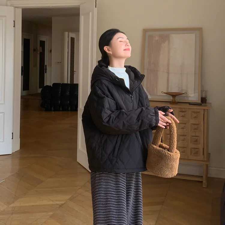 ZMA孕妇装【连帽棉外套】秋冬新款连帽轻薄女短款慵懒条纹裤冬装