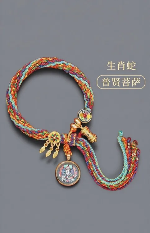 合金布艺手链 藏式扎基拉姆唐卡手工编织绳生肖招财好运五色手绳