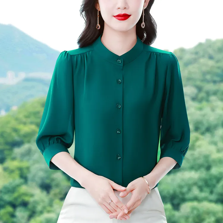 绿色女装衬衫女士衬衣中袖夏季新款高端桑蚕丝上衣薄款七分袖小衫