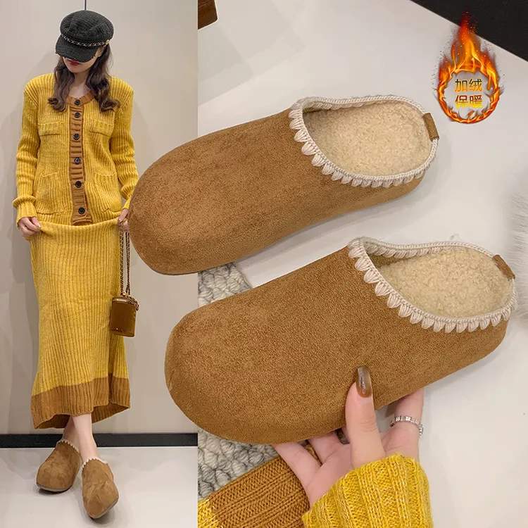秋冬季包头拖加绒勃肯拖鞋女外穿2025新款懒人休闲百搭花边博肯鞋