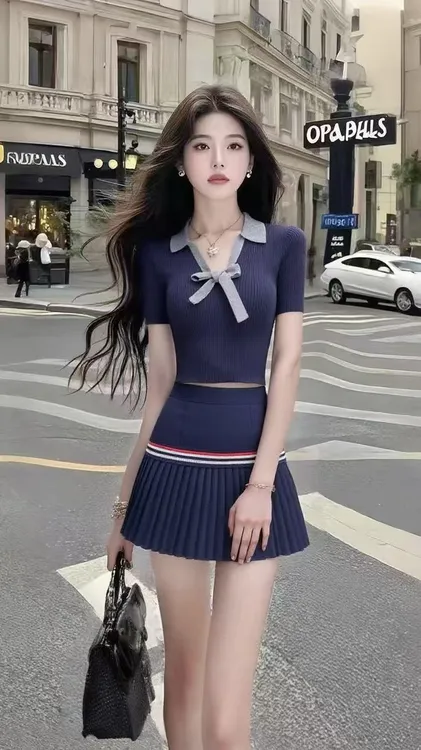甜美温柔学院风穿搭深蓝色短袖修身上衣+深蓝色高腰百褶半身裙女