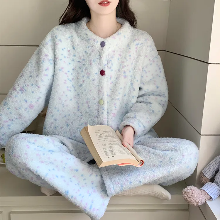 珊瑚绒秋冬季睡衣女士长袖新款开衫保暖法兰绒学生家居服套装冬天