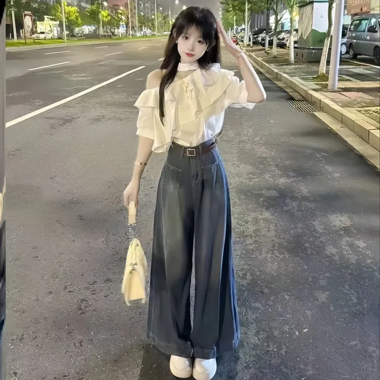 短袖荷叶边露肩衬衣高腰阔腿裤欧若风气质学生两件套女装