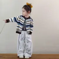 女童裤子早秋棉质宽松涂鸦印花工装裤小童秋天灰色直筒儿童休闲裤