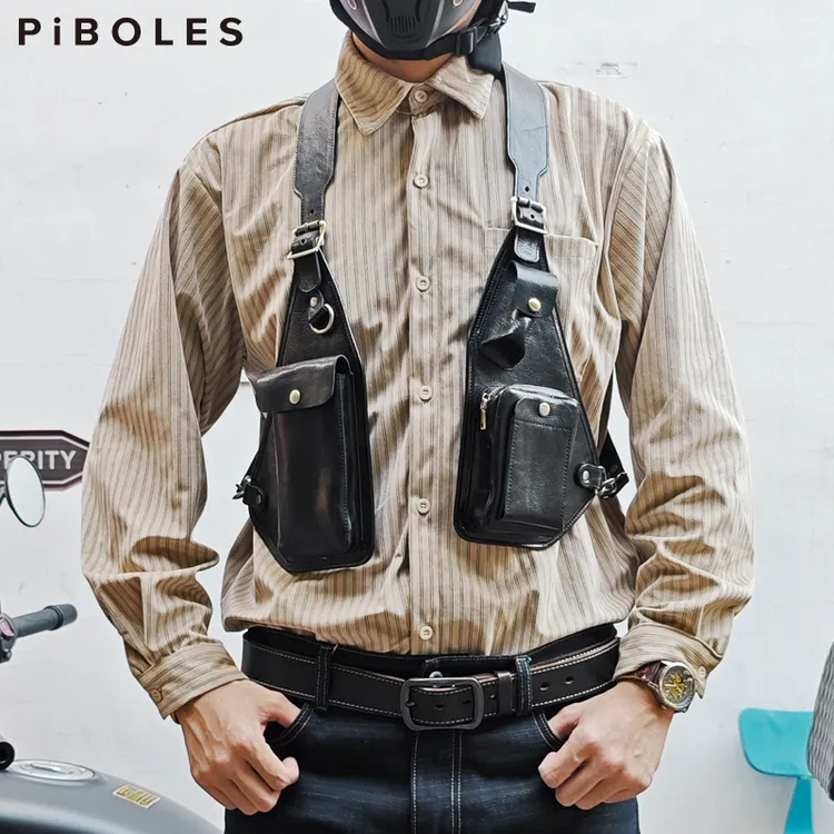 头层牛皮复古工装马甲包真皮背带腋下挎包男女蒸汽朋克机能机车包