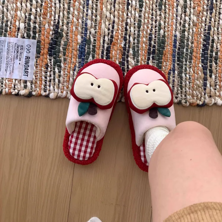 ECAC苹果棉拖鞋女款冬季防滑可爱软底情侣棉拖鞋室内家居保暖鞋男