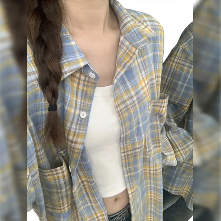 韩系黄色长袖防晒衬衫宽松百搭衬衫女款外穿格子衬衫早秋外套
