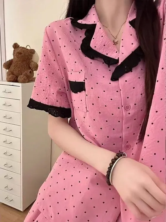 岩岩家5055橘色拼接花边少女感波点短袖睡衣女夏季新款大码居家服