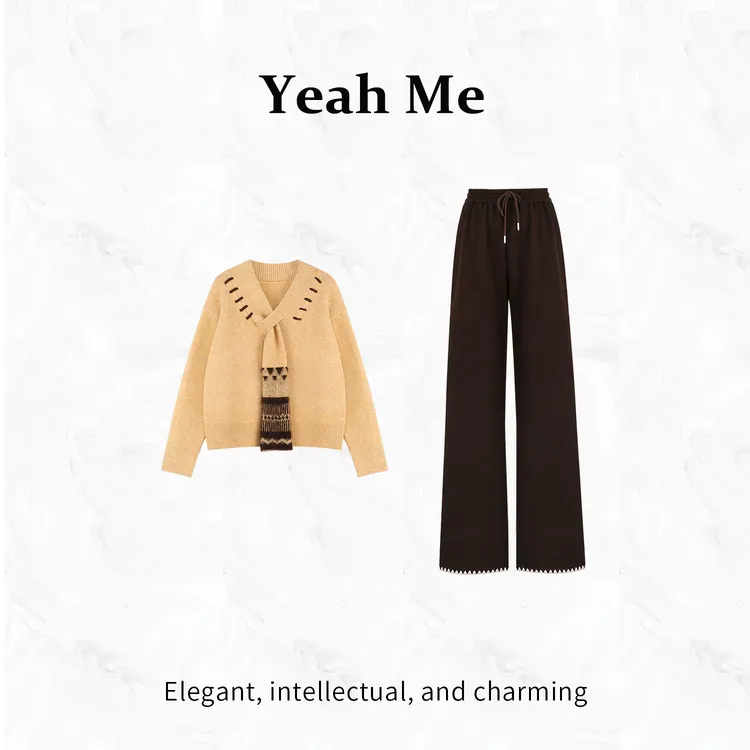 Yeah Me/也觅【暖冬法则】冬季新款简约风文艺围巾款毛衣裤子套装女