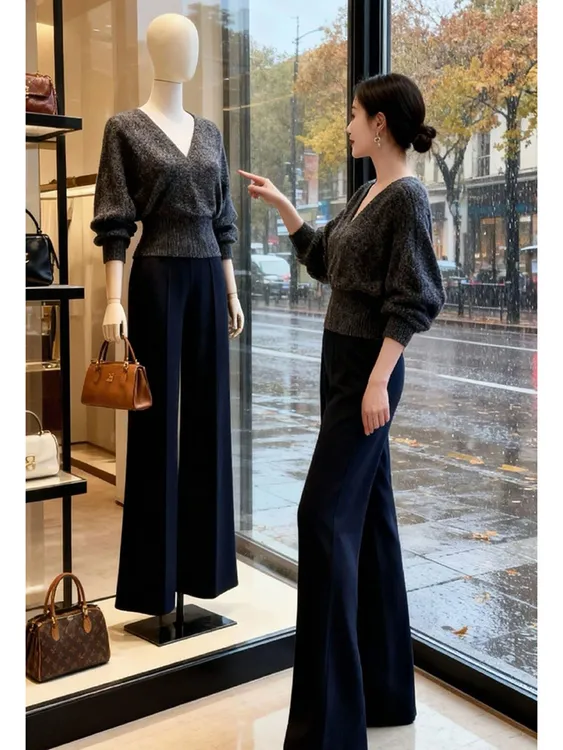 2025秋季新款慵懒高级感针织衫设计感小众独特漂亮灰色V领毛衣女