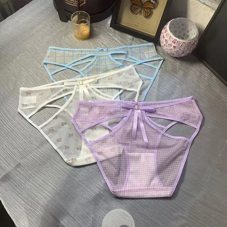 新中式性感纯欲露臀内裤女碎花小清新网纱三角裤