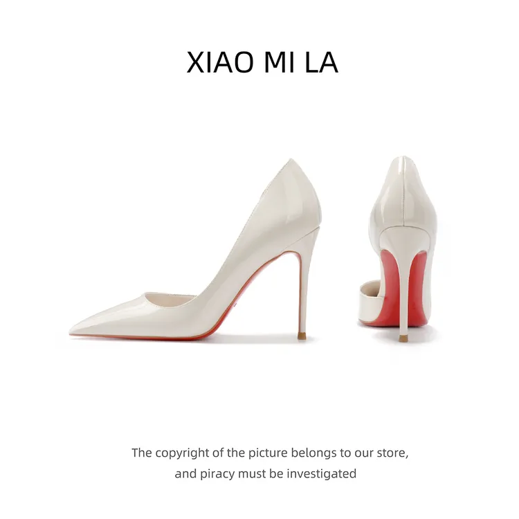 红底侧空高跟鞋2025新款象牙白漆皮百搭尖头浅口细跟时尚职业女鞋