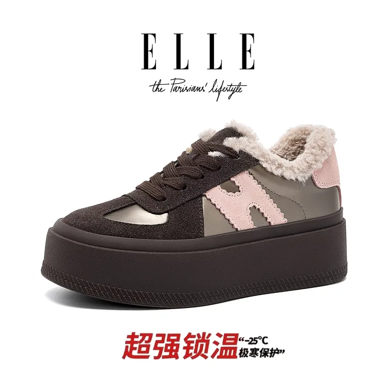 ELLE复古港风加绒毛毛板鞋女2025新款厚底增高韩版休闲百搭德训鞋