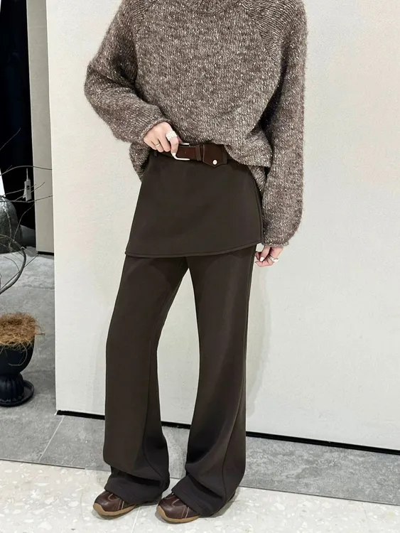 加绒加厚喇叭裤高腰松紧腰屁帘假两件微喇裤女显瘦长裤（配皮带）