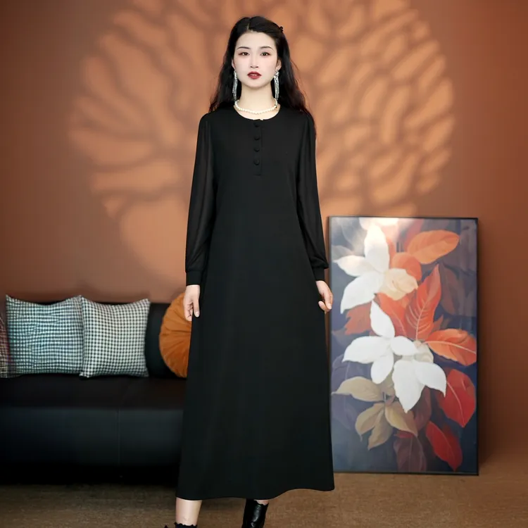 2025春秋新款连衣裙宽松大码遮肉显瘦妈妈装裙子中长款长袖气质