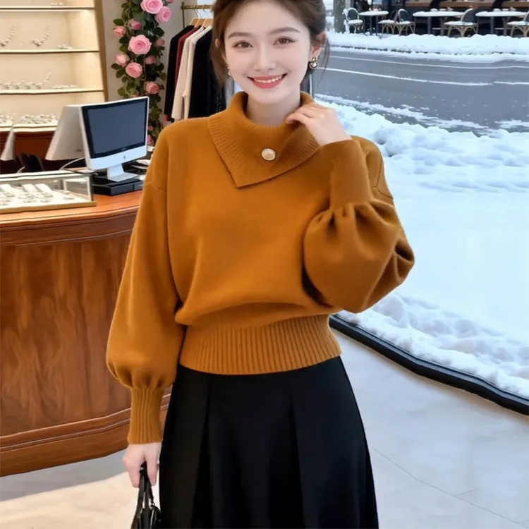 黄色不规则高领毛衣女秋冬季2025新款高级感气质巨好看短款针织衫