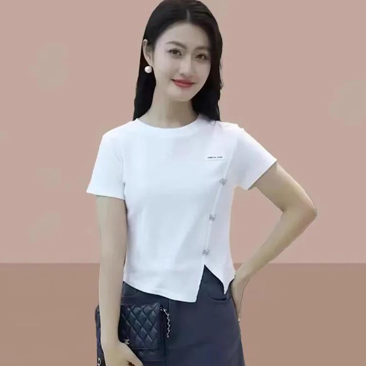 纯棉短袖t恤女2025夏季新款网红爆款时尚开叉小个子短款上衣潮