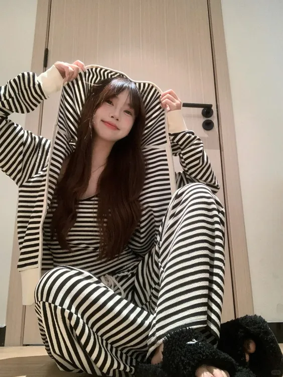 【DMXJ大梦想家】甜美慵懒条纹带胸垫睡衣女夏季款修身三件套家居服