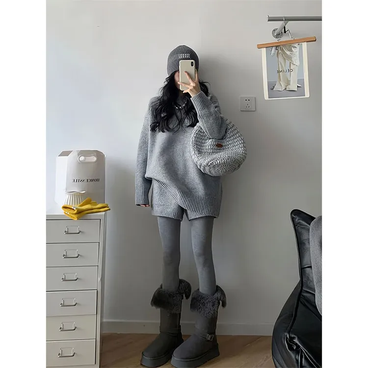 时尚套装女秋冬慵懒风宽松百搭套头毛衣针织衫高腰休闲短裤两件套