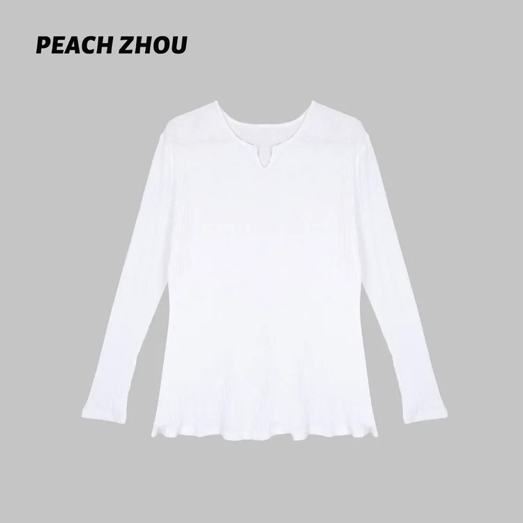 『PEACHZHOU』坑条剪刀半开领弹力修身针织衫简约休闲内搭打底长袖
