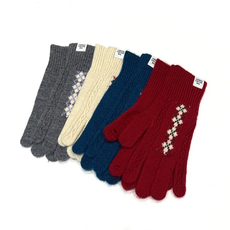【余欢欢】冬季针织菱格花可触屏防寒羊毛五指手套-YHX50129