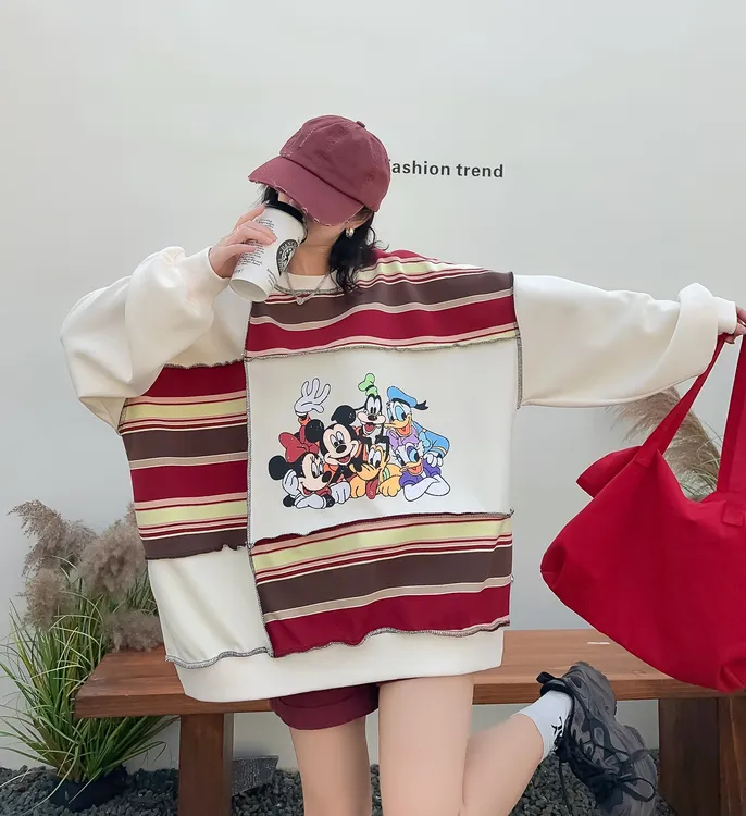 新款加大版型条纹拼接圆领卫衣个性小众设计时尚