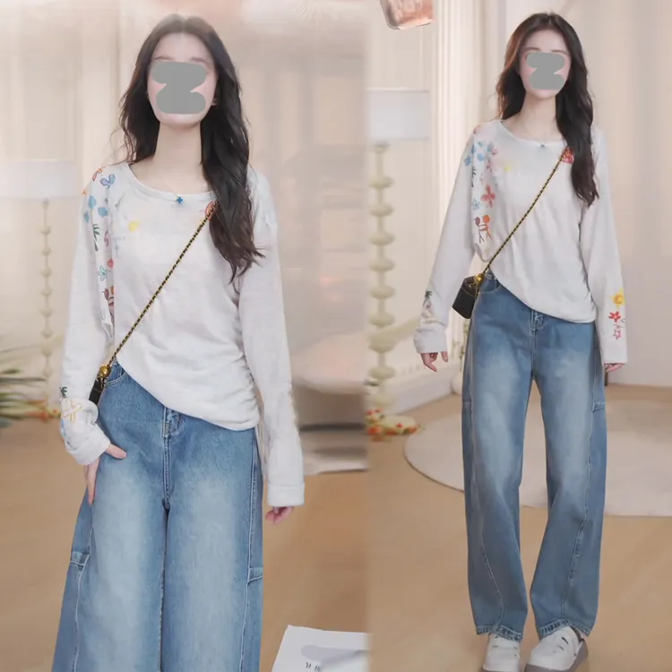 老钱风松驰感套装女2026年春秋新款涂鸦斜肩长袖t恤阔腿裤两件套