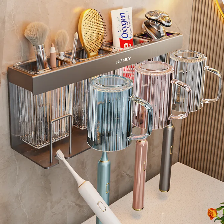 文丽牙刷置物架架子电动刷牙杯子壁挂式免打孔洗漱杯家庭卫生间
