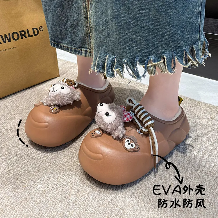 防水保暖棉拖鞋女士可爱卡通厚底居家防滑秋冬季包跟毛绒拖鞋