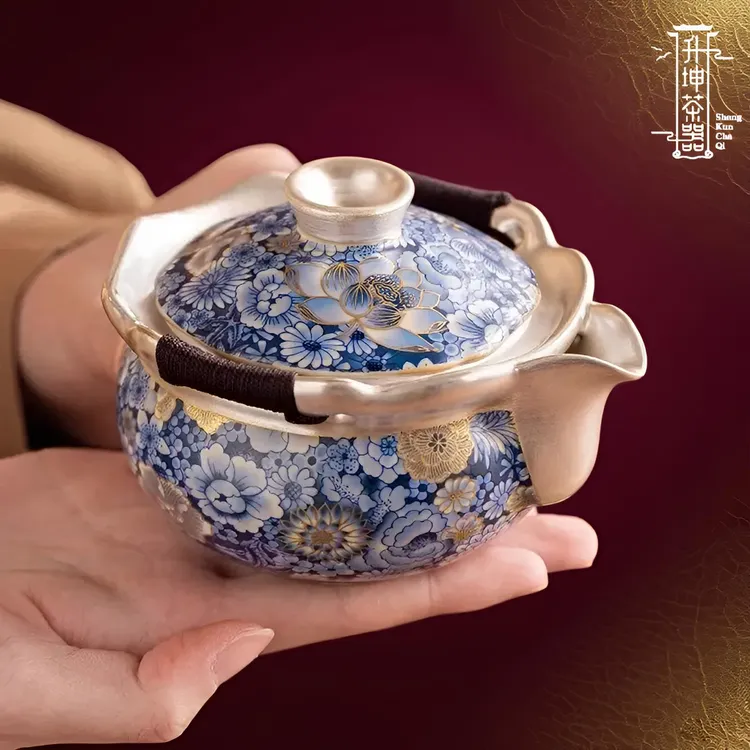 【礼盒装】繁花似锦鎏银手抓壶一壶两杯高档银茶具泡茶自用送礼佳品