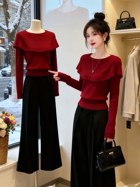 新年圣诞穿搭红色斗篷针织衫秋冬新款时尚洋气显瘦毛衣短款打底衫