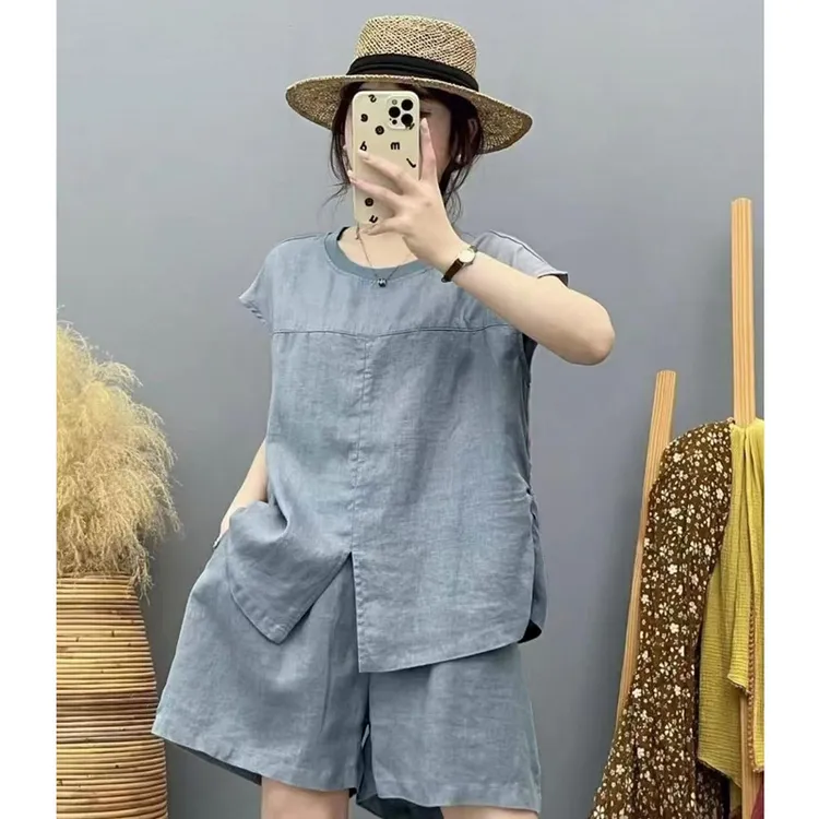 亚麻套装高端夏新款简约飞飞袖宽松背心衬衫上衣松紧腰短裤套装女