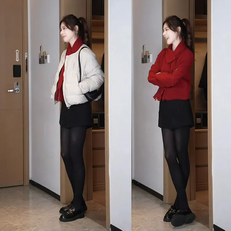 秋冬超火穿搭一整套女2026新款洋气针织上衣棉服外套半身裙三件套