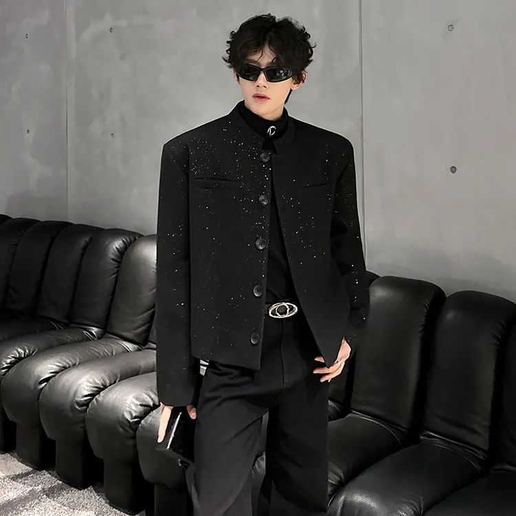 中式老钱风垫肩撒银呢料立领短款西装外套轻奢夜店痞夹克潮牌男装