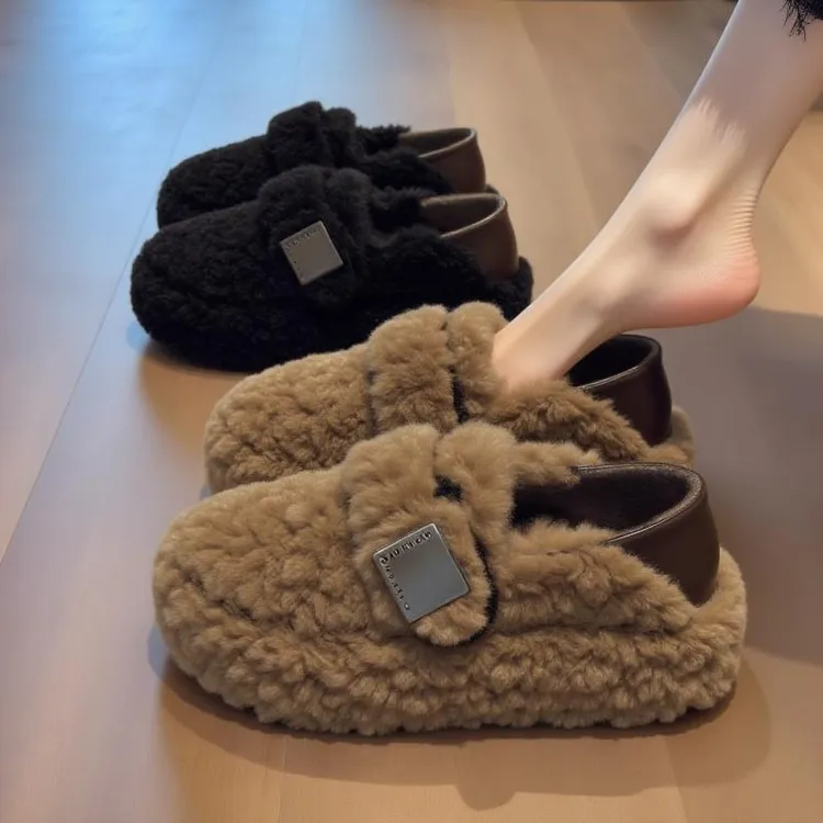 【羊羔绒】棕色美拉德毛毛鞋女厚底外穿秋冬新款加绒毛茸茸豆豆鞋