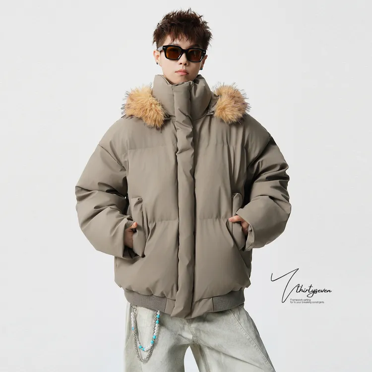V37美式复古连帽毛领PU皮棉服男冬季新款保暖加厚棉衣面包服外套