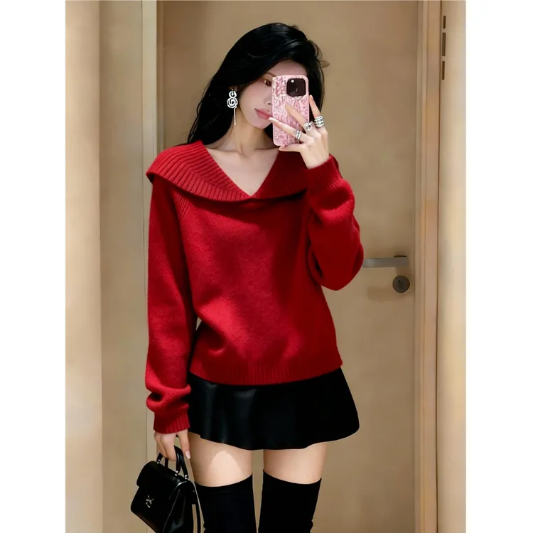 2025冬季新款翻领洋气时尚气质红色毛衣绝美显瘦长袖针织衫女爆款