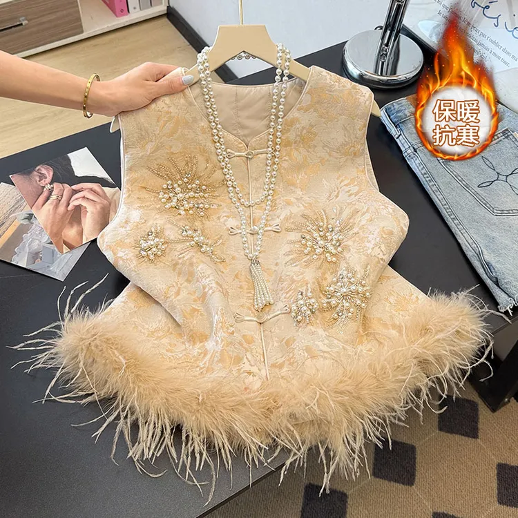 国风夹棉马甲新中式重工提花马夹亮片刺绣毛毛外搭坎肩背心女冬