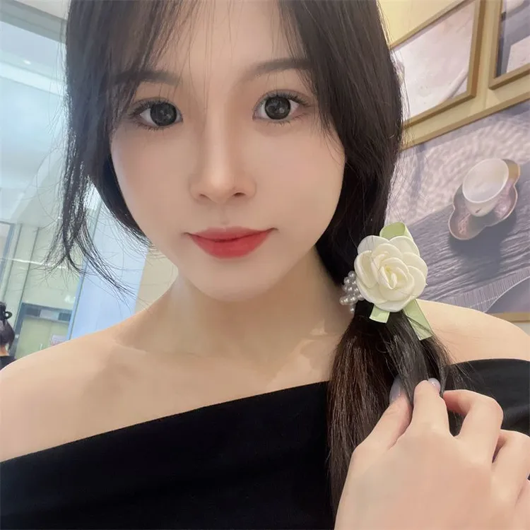 白色山茶花发圈珍珠洋气头绳森女马尾发饰发绳蓬松高颜值皮筋头饰