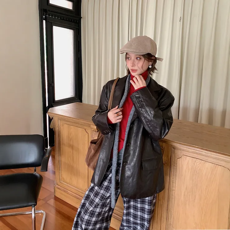 REREK休闲宽松复古感柔软油蜡羊皮西装女 DSC买手店 R25D08413191