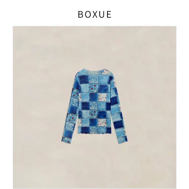 BOXUE”蓝洋玫瑰”2025夏季新款高级感格子轻奢 T恤#250519T2559