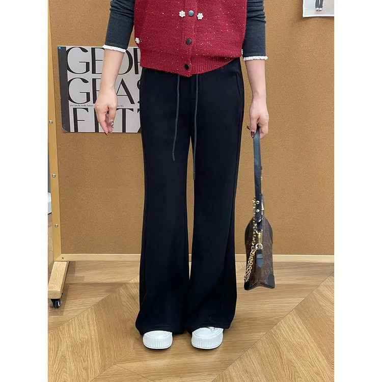 WenWen小个子25秋冬新款百搭加绒加厚微喇修身直筒长裤4659