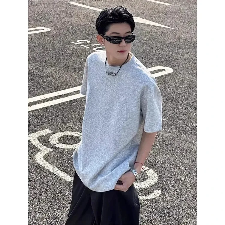 浅灰色正肩重磅t恤男款夏季精梳棉二本针短袖小领口oversize半袖