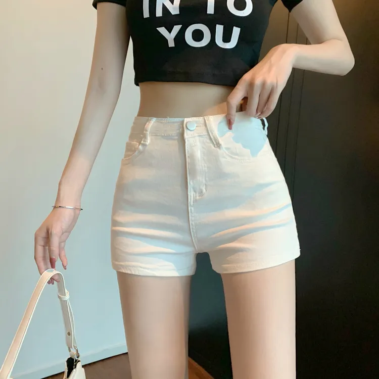 白色牛仔短裤女夏季新款高腰辣妹紧身裤子显瘦弹力包臀超短热裤