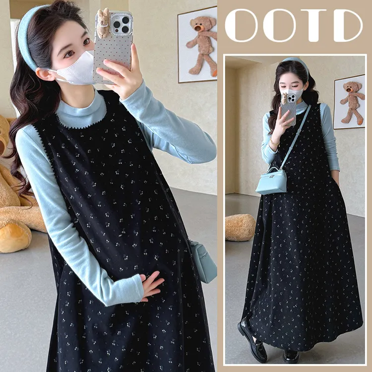 孕妇套装碎花连衣裙设计感秋冬季灯芯绒背带裙遮肚子长款过膝裙子