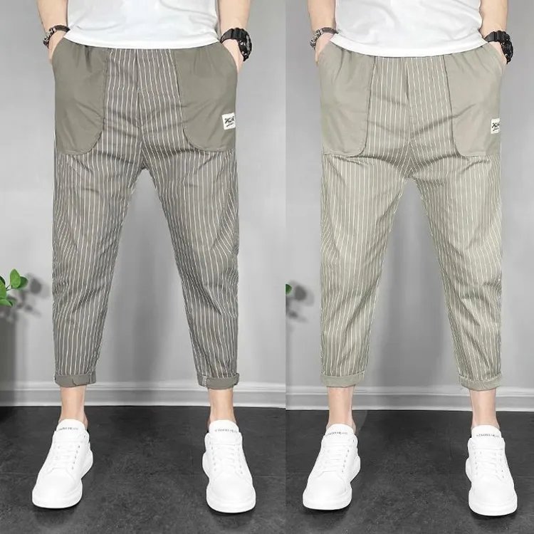 条纹休闲裤男士夏季薄款透气百搭痞帅束脚裤韩版宽松大码哈伦裤子